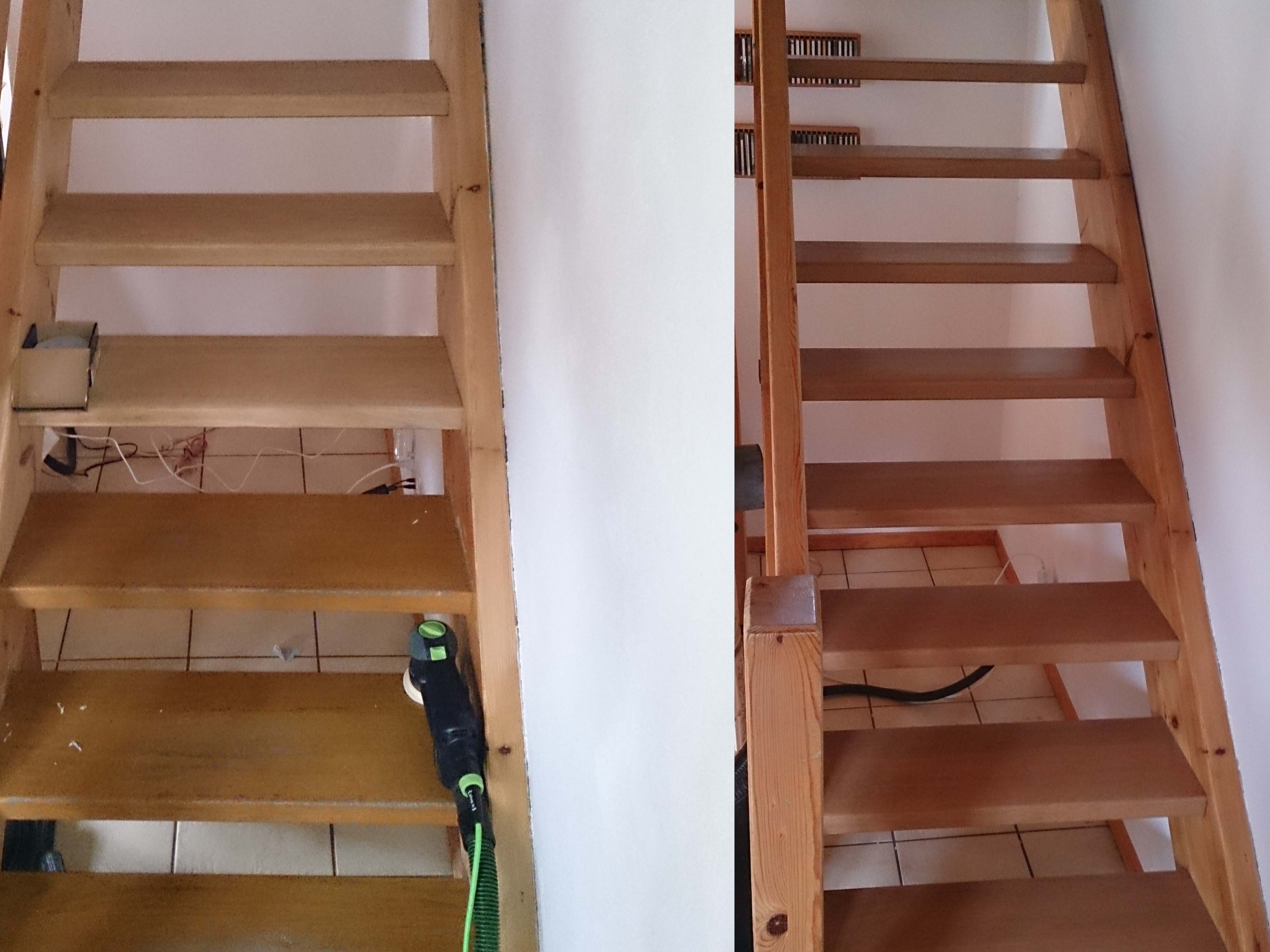 Holztreppe vor und nach der Renovation
